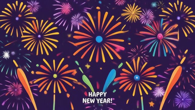 Happy New Year colorful fireworks flat illustration explosion bursting in dark night sky festive holiday greeting banner concept