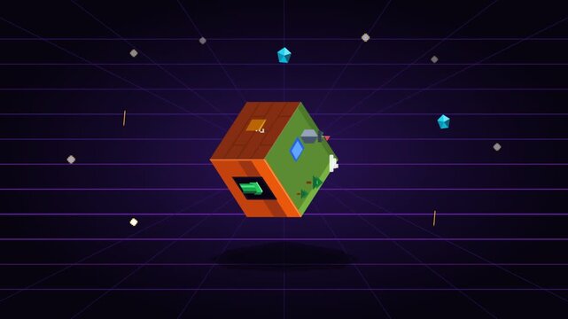 Retro Pixel Cube Rotating in Virtual Space with Floating Gems and Coins