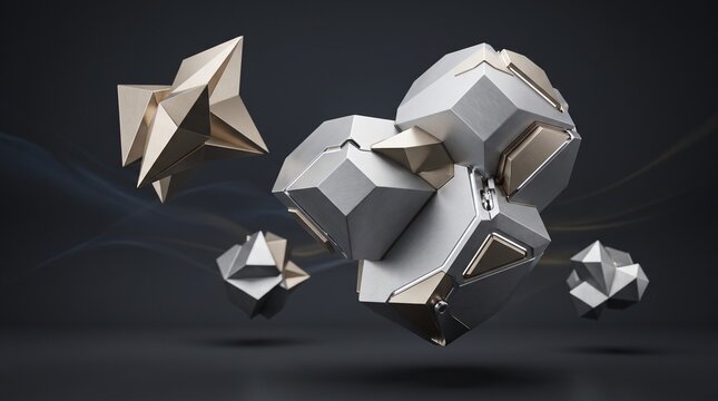 Futuristic geometric abstract shapes, floating metallic 3D polygons, silver and gold tech elements on dark background