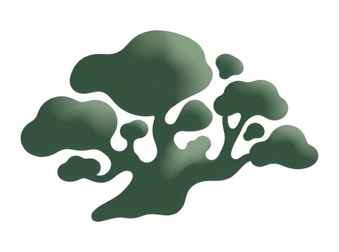 Illustration stylis&eacute;e d'un bonsa&iuml; aux formes organiques et fluides, repr&eacute;sent&eacute; avec des aplats de couleur vert fonc&eacute; sur un fond blanc pur, &eacute;voquant la s&eacute;r&eacute;nit&eacute; et l'art traditionnel japonais.