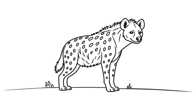 Black and white line art drawing of a spotted hyena standing on the ground Vector, illustration