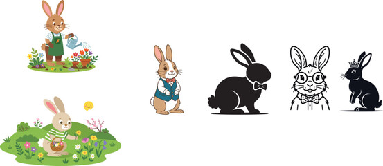 Fototapeta premium Cute rabbit wearing vest bow tie silhouette line art bunny glasses and royal crowned rabbit vector set