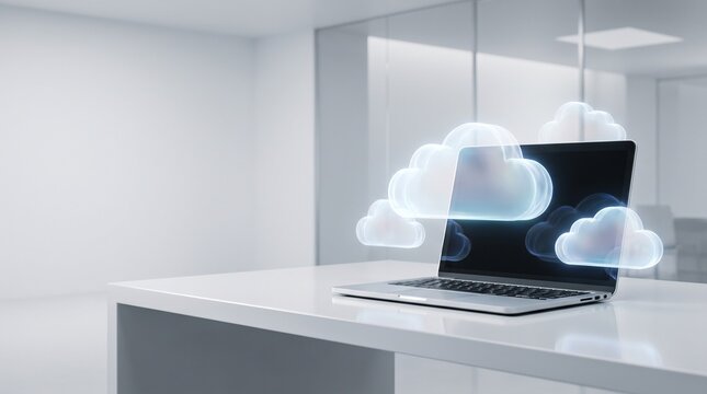 Modern laptop displaying glowing cloud icons, symbolizing digital data storage and global cloud computing technology.