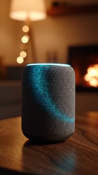 A Modern Smart Speaker Illuminated by Warm Firelight, Perfectly Positioned on a Wooden Table with a Cozy Atmosphere in the Background