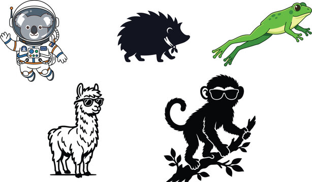 Cute astronaut koala hedgehog silhouette leaping green frog llama and monkey with sunglasses vector set