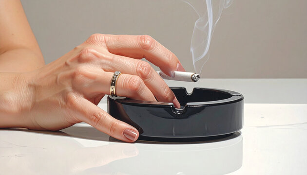 Woman hand holding lit cigarette over ashtray
