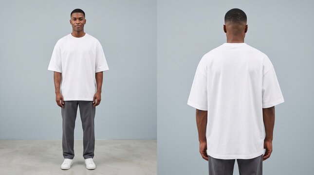 Man models comfortable oversized white t-shirt in front and back studio views for contemporary casual fashion