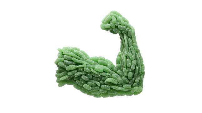 Flexing biceps muscle shape made of green sugar coated gummy candies on white background