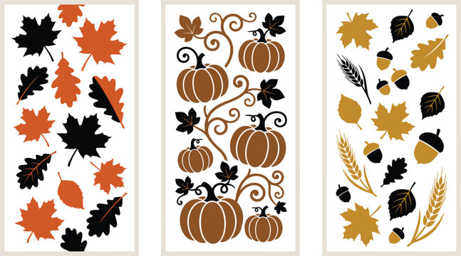 Autumn harvest set with orange pumpkins and colorful fall leaves for seasonal design elements