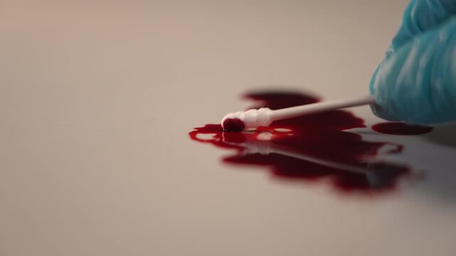 Side view close up of medical cotton swab swiping blood stain on right side, left copy space, detailed forensic evidence sampling B-roll⁠