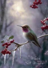 Fototapeta premium Hummingbird perched on icy branch with red berries