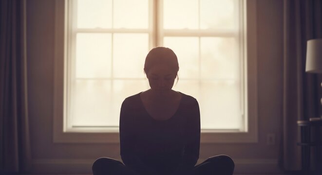 Woman meditating window sunlight
