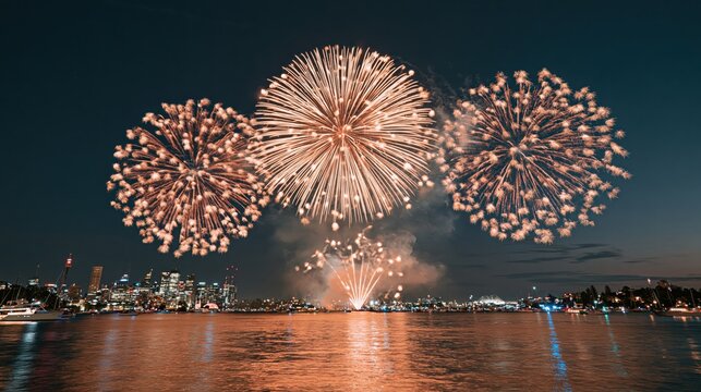 Majestic golden fireworks exploding over a modern city skyline with harbor water reflection for New Year celebration.