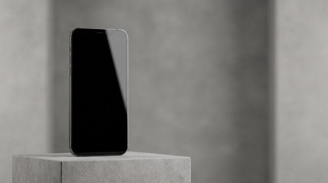 Sleek mobile phone with a dark display resting on a grey pedestal against a textured wall.