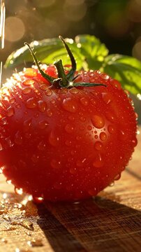 A Freshly Harvested Tomato Covered in Dew Drops, Showcasing its Juicy Red Color Against a Softly Blurred Background of Natural Greenery