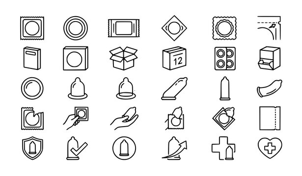 Safe Sex Condom and Medical Contraception Product Icon Set with Shield Calendar Hand Instructions and Sexual Health Protection Symbols for Application Vectors