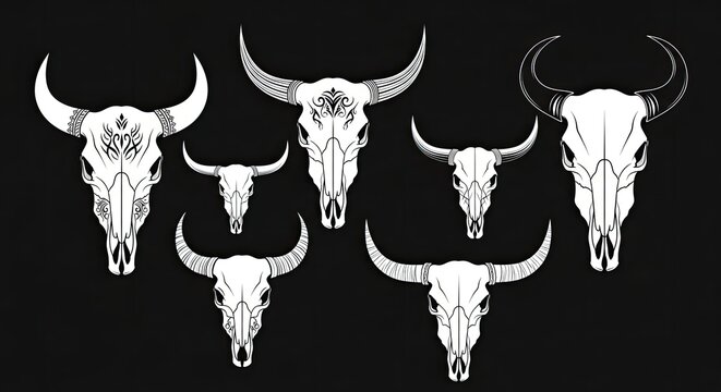 Vector set of stylized bull skulls and longhorns with ornamental details. Western, tribal, bohemian, and gothic animal bone collection.