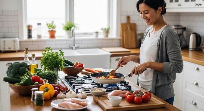 Woman cooking vegetables kitchen