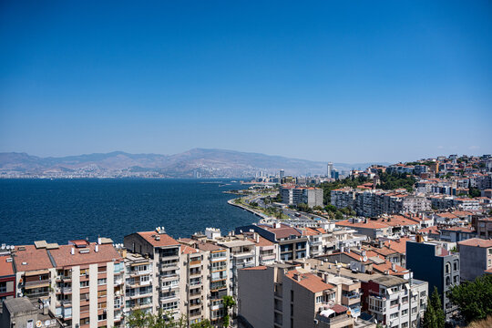 Panoramic view of Izmir coastline and cityscape from above.
