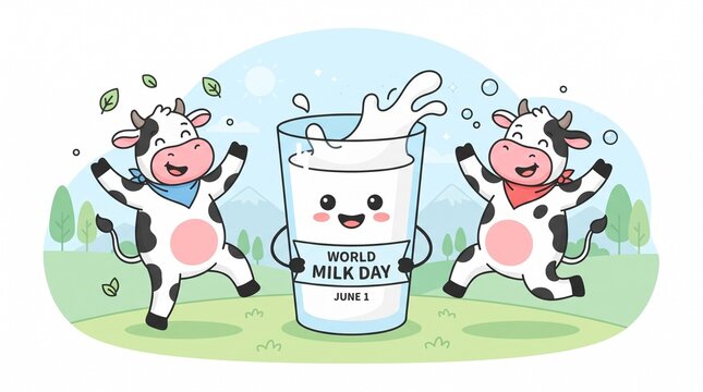 Happy cows celebrating world milk day with cup