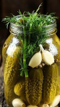 A Close-up Look at a Jar of Homemade Pickles with Fresh Garlic and Dill, Showcasing the Vibrant Colors and Textures of Preserved Cucumbers