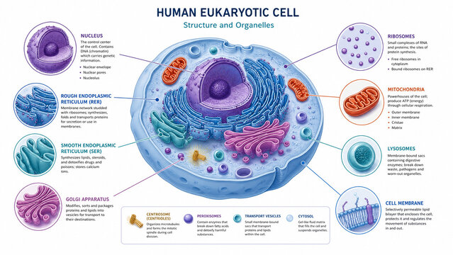 educational infographic of a human eukaryotic cell, scientifically accurate cross-section showing nucleus, mitochondria, endoplasmic reticulum, Golgi apparatus, ribosomes, lysosomes and cell membrane