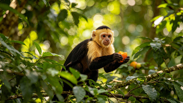 White Faced Capuchin Monkey Eating Fresh Fruit In Rainforest Canopy