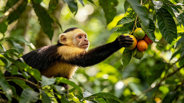 White faced capuchin monkey reaching for fruits in rainforest canopy