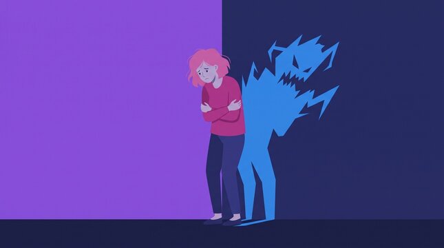 Woman afraid of shadow monster behind her