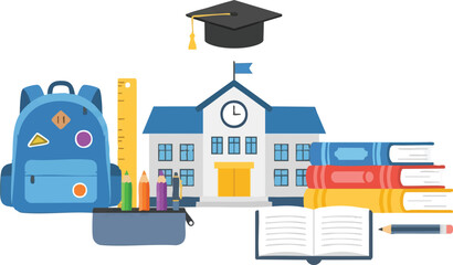 Naklejka premium Modern educational school supplies vector illustration set for classroom and learning design