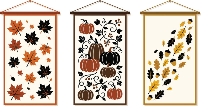 Set of three hanging wall scrolls with autumn leaves and pumpkin illustrations for seasonal decor
