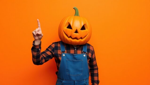 Kid wearing pumpkin head and overalls pointing up.