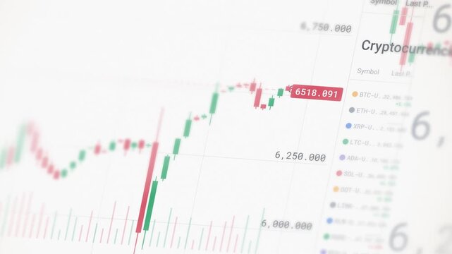 Cryptocurrency trading chart on a bright white screen, with candlesticks, volume bars, and a coin watchlist, at an angle with depth of field
