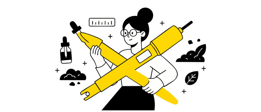 Female scientist soil testing illustration holding large digital pH meter for agriculture research analysis concept, modern flat vector art for laboratory agronomist science work and environmental tes