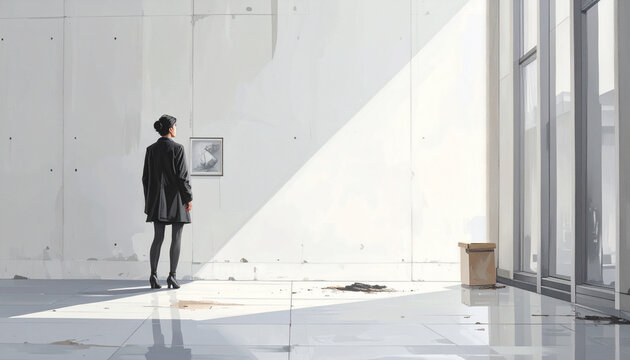 Woman contemplating art exhibition sunlight