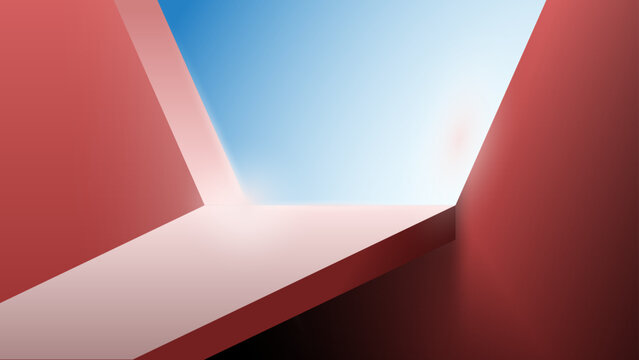 Modern entrance on red wall with blue sky view outside. Background for display or showing object like product or simmilar purpose. Modern minimalist architecture vector background. Abstract geometric.