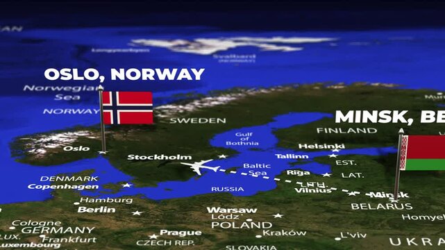 Flight From Minsk BELARUS to Oslo NORWAY with flag pins