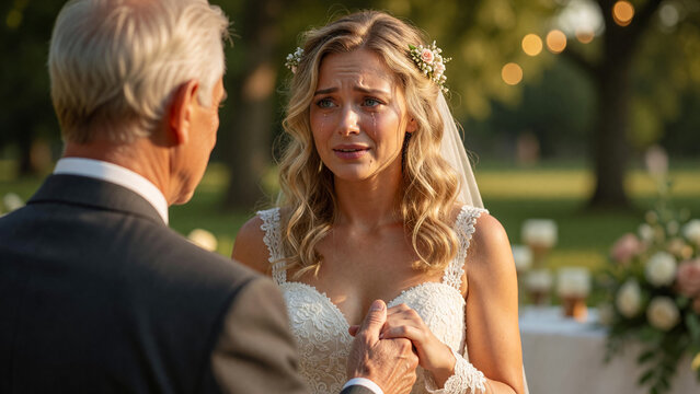 Emotional bride crying tears of joy with father at outdoor wedding ceremony, family bond and marriage celebration