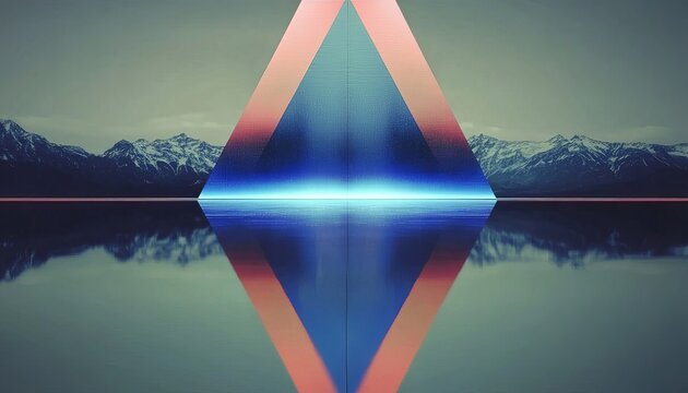 Abstract Geometric Reflection Background with Vibrant Blue Light and Silhouetted Snowy Mountains.