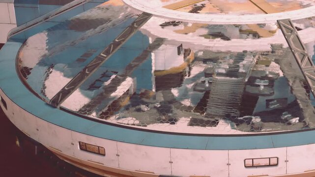 A futuristic space station is shown on a sandy, rocky planet. The structure has large windows reflecting light. The area is designed for living and research in outer space.