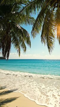 Breathtaking coastal view showcasing palm trees framing a serene beach with crystal-clear waters and gentle waves under a bright blue sky, perfect for relaxation and escape.