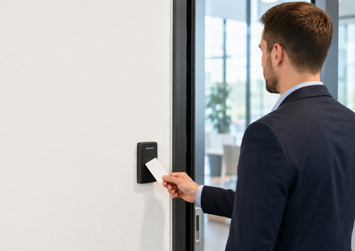 Businessman using access card at modern office entrance