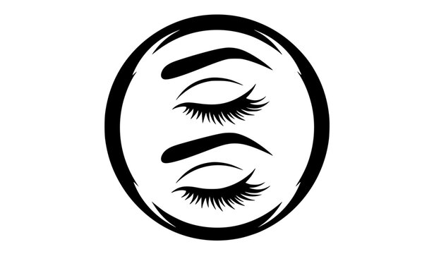 Bold feminine closed eyes with dramatic lashes and sculpted eyebrows beauty badge black white vector