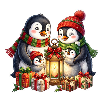 Cute Penguin Family with Christmas Lantern and Gifts Isolated on White Background