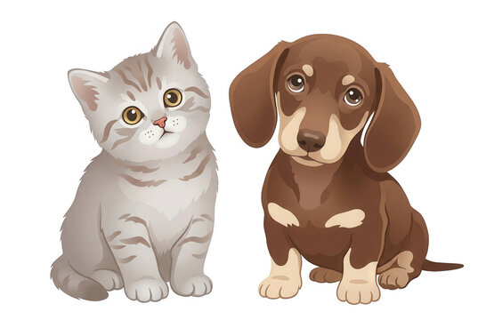 Illustration vectorielle d'un chaton gris tigr&eacute; assis &agrave; c&ocirc;t&eacute; d'un chiot teckel marron sur un fond blanc isol&eacute;, capturant une amiti&eacute; adorable entre animaux domestiques dans un style artistique doux.