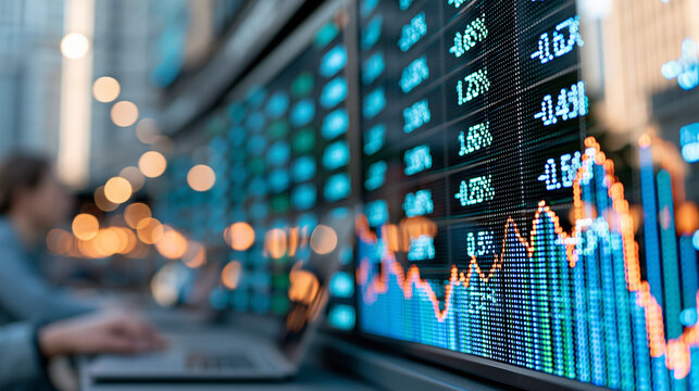 Digital screen stock market ticker showing prices in percentage, stock market investment chart showing price volume index, financial trading data analysis, with copy space