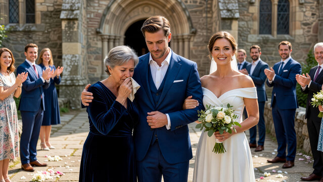 Groom comforting crying mother with bride outside church, emotional family love and wedding support