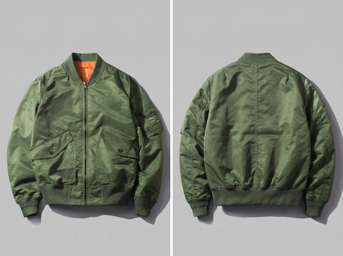 Classic Olive Green Bomber Jacket Front and Back View with Orange Lining on Neutral Background