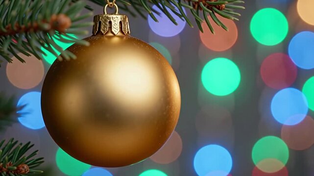 Golden Christmas ball ornament on pine branch