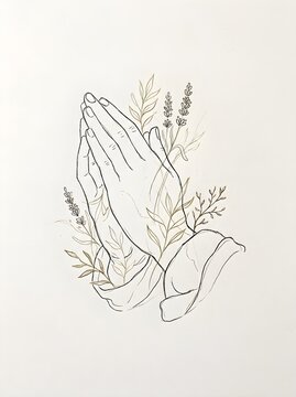 Praying Hands Line Art Drawing with Botanical Lavender sprigs and Olive Leaves, Minimalist Spiritual Vector Illustration